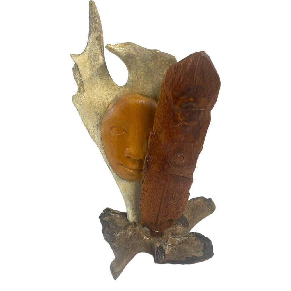 Whimsical Face Bear Hand Carved John Roberts 1995 Wood Antler Sculpture 13” Vtg